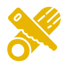 Yellow saw and hammer icon on black.