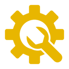 Yellow gear and wrench icon on black.